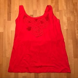 Bright coral cotton tank top with embroidery.